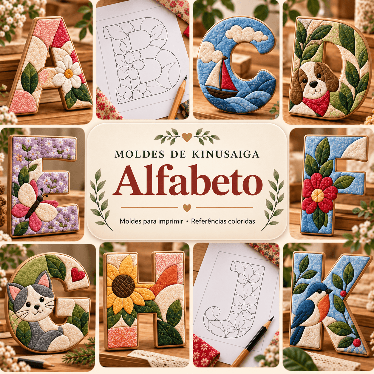 Apresentação da coleção de Alfabeto, com exemplos coloridos e moldes