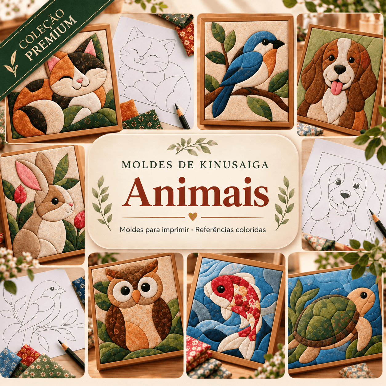 Apresentação da coleção de Animais, com exemplos coloridos e moldes
