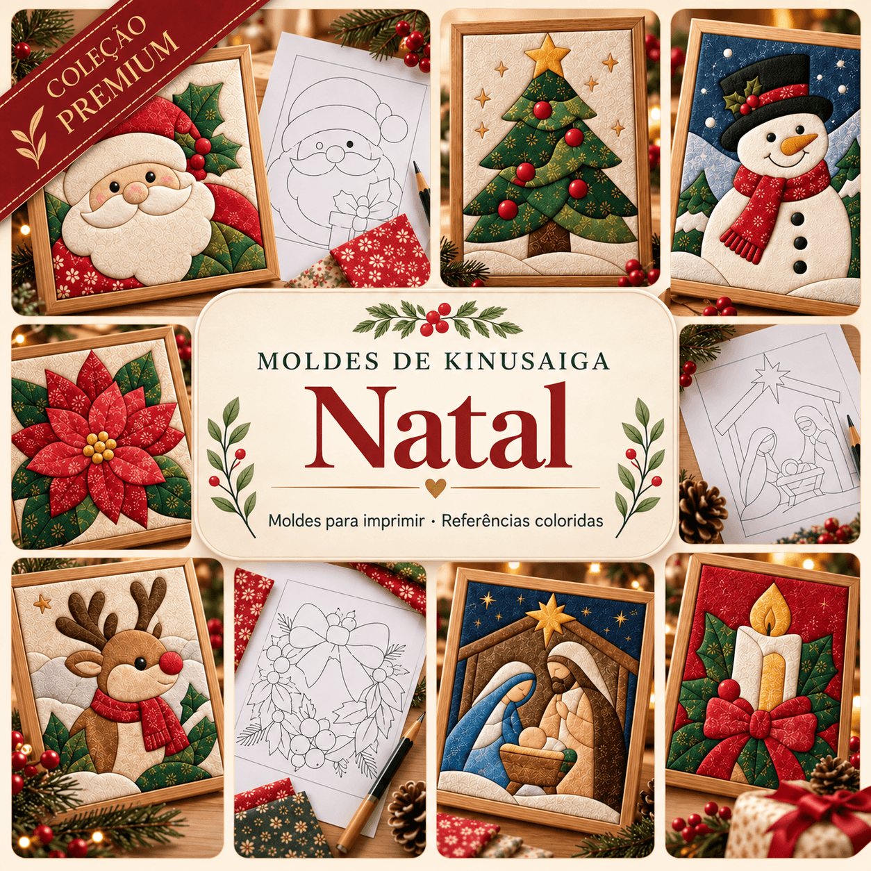 Apresentação da coleção de Natal, com exemplos coloridos e moldes
