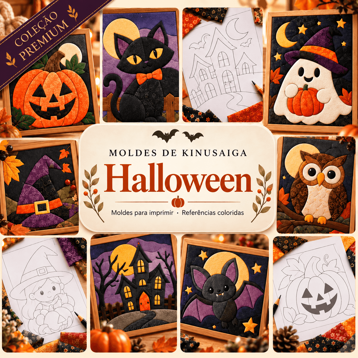 Apresentação da coleção de Halloween, com exemplos coloridos e moldes