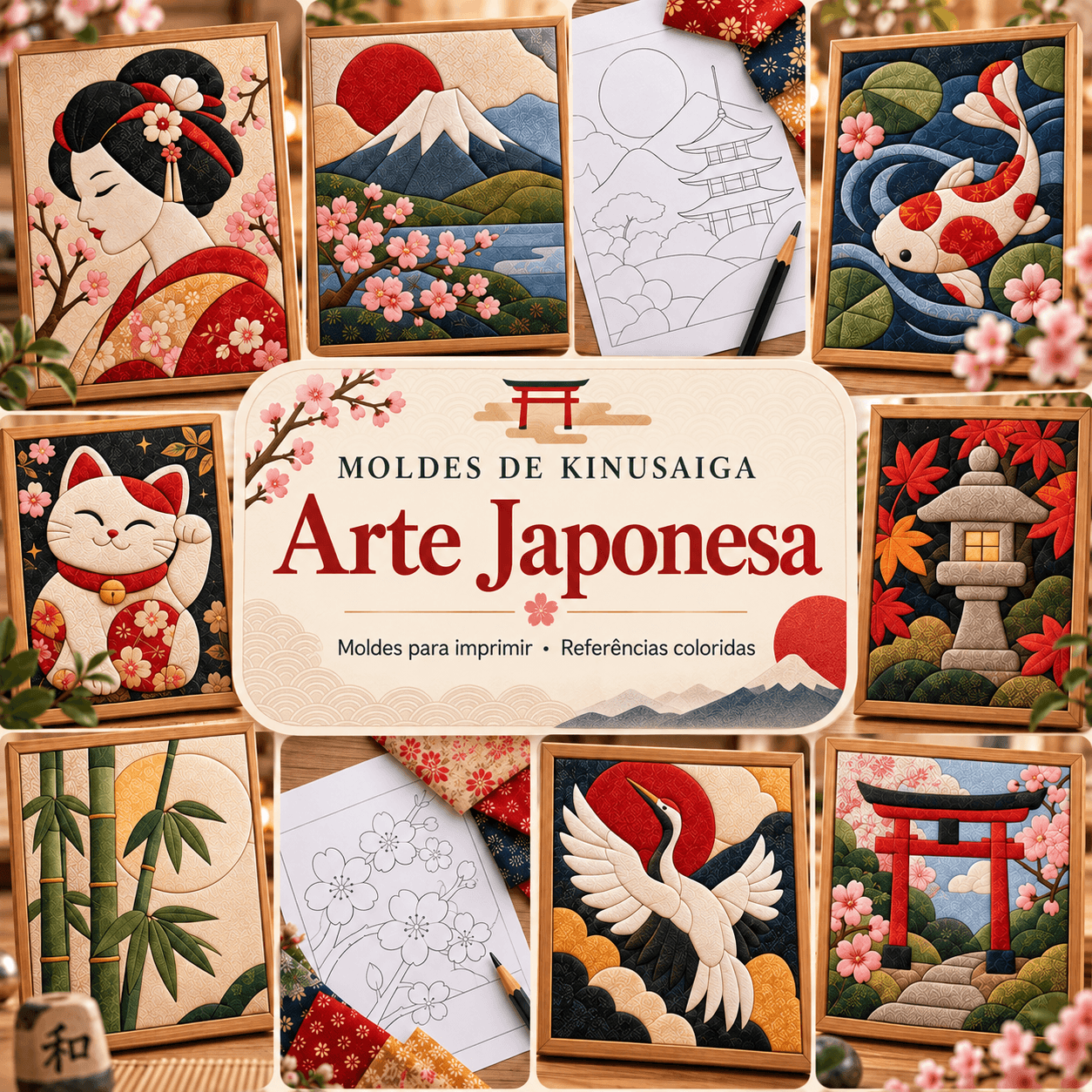 Apresentação da coleção de Arte japonesa, com exemplos coloridos e moldes