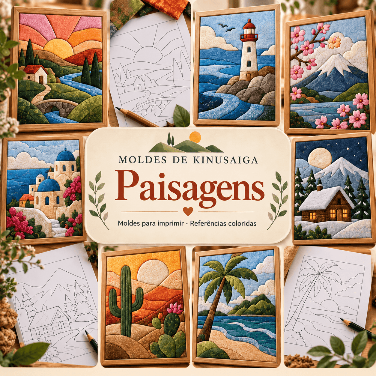 Apresentação da coleção de Paisagens, com exemplos coloridos e moldes