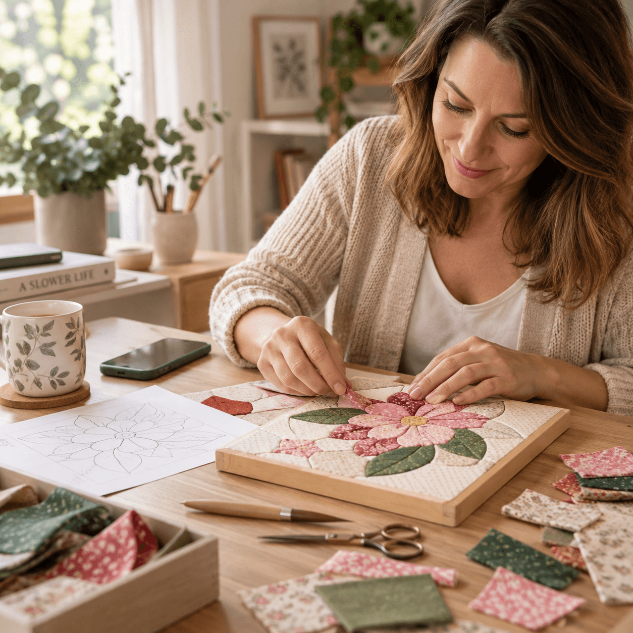 Mulher criando um quadro floral com retalhos em uma mesa de artesanato