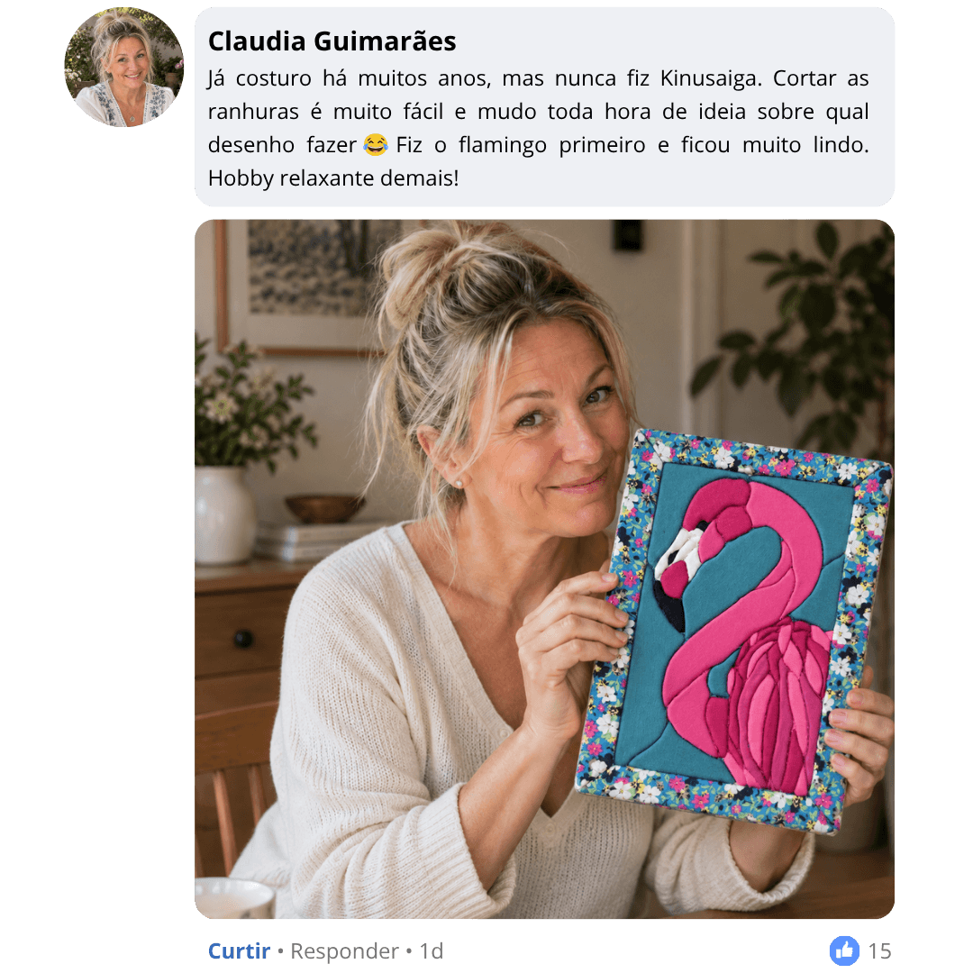 Publicação de Claudia Guimarães sobre sua experiência com Kinusaiga, com foto do trabalho