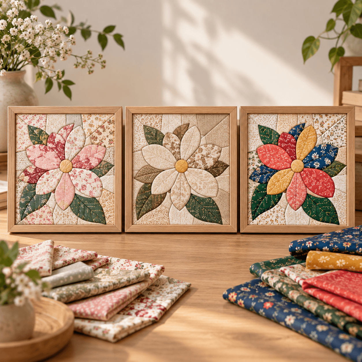Três versões de uma flor em tecido, com combinações de cores e estampas diferentes