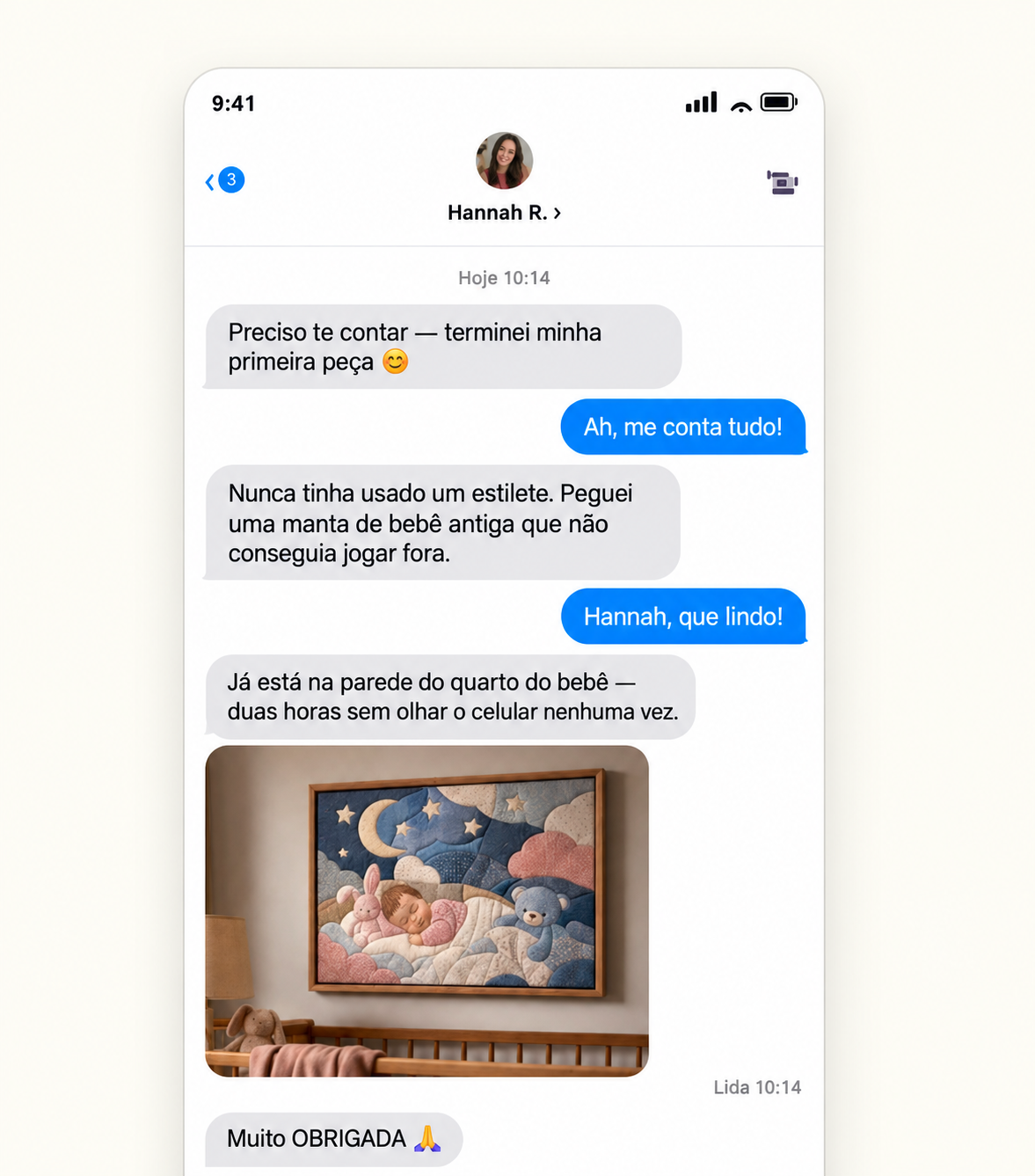 Conversa em português sobre concluir o primeiro quadro de tecido usando uma manta de bebê antiga