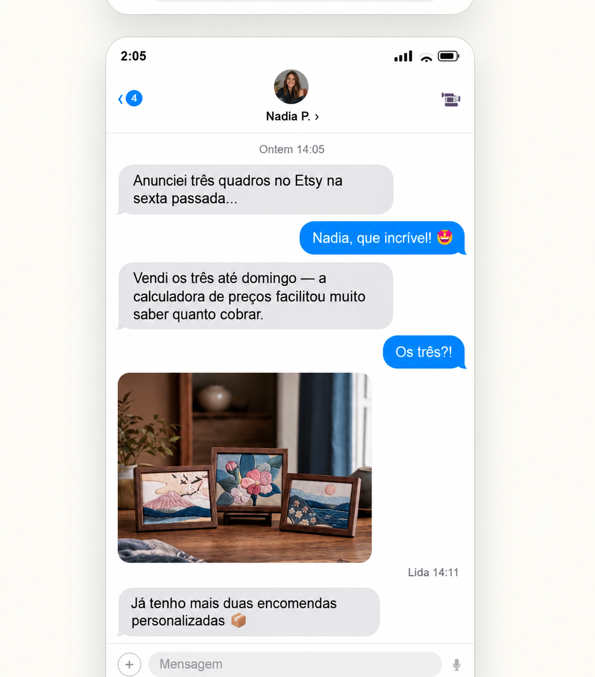 Conversa em português sobre vender três quadros no Etsy e receber mais duas encomendas personalizadas